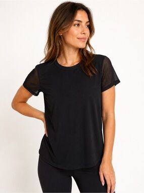 Athleta Black Mesh Sleeve Crewneck Tee | Size XS